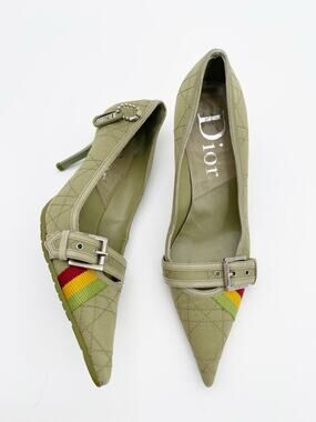 Christian Dior Vintage Green Cannage Rasta Pointed Toe Buckle Pumps Heels EU 37
